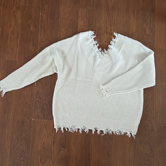 Zenana distresses v neck waffle knit sweater 2X - Picture 2 of 9